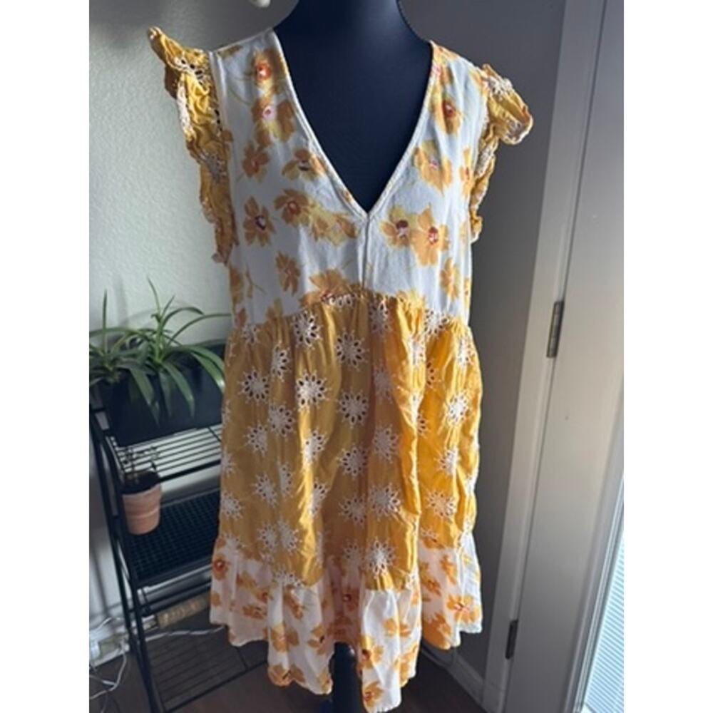 Melloday Yellow Floral Eyelet Mini Dress Boho Ruffle Sleeve Tiered Summer Dress